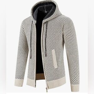 NWOT Men's Cream and Black Casual Zip-Up Hooded Sweater Jacket